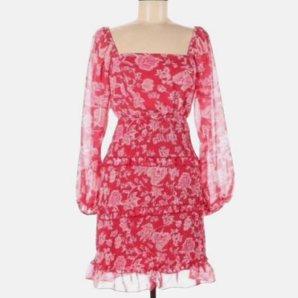 Sim & Sam Red and Pink Floral Print Smocked Milkmaid Mini Dress Size Medium - Picture 1 of 8